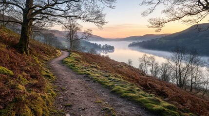 Fototapete - Serene sunrise over calm lake with winding trail.