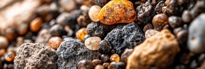 Leinwandbilder - Close-up of various colorful stones and pebbles, including amber.