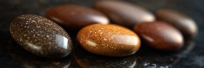 Leinwandbilder - Smooth, polished stones in various shades of brown and black, close-up view.