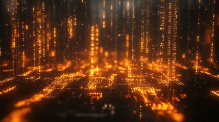 Poster - Abstract glowing digital city at night, futuristic cityscape with orange lights.