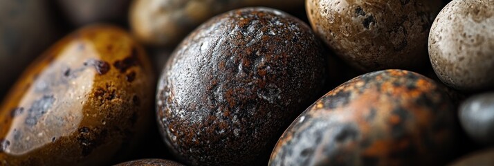 Aufkleber - Close-up of smooth, speckled stones; earthy tones, various shapes and sizes.