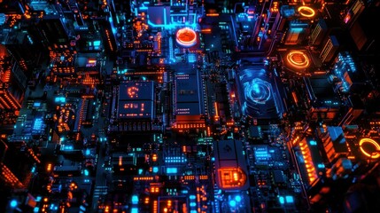 Aufkleber - Futuristic digital circuit board with glowing orange and blue components.