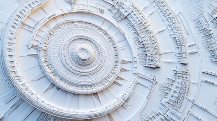 Poster - Abstract white spiral design, intricate concentric circles, 3D rendering, technological background.