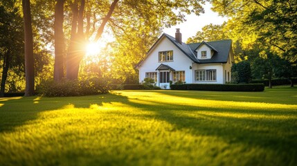 Poster - Sunlit white house on a green lawn, surrounded by lush trees.