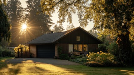 Poster - Sunrise illuminates a cozy, single-story house nestled amongst lush greenery and tall trees.