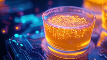 Fototapete - Close-up of glowing orange liquid in a glass on a circuit board.