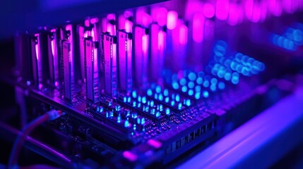 Aufkleber - Close-up of illuminated computer motherboard with RAM and components.