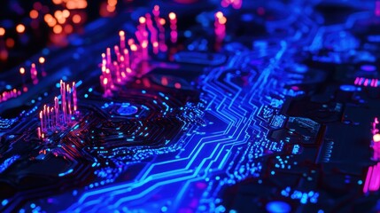 Aufkleber - Abstract close-up of a glowing circuit board with vibrant neon blue and pink light trails.