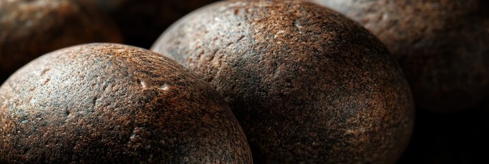 Fototapete - Close-up of dark brown spherical objects with textured surfaces.