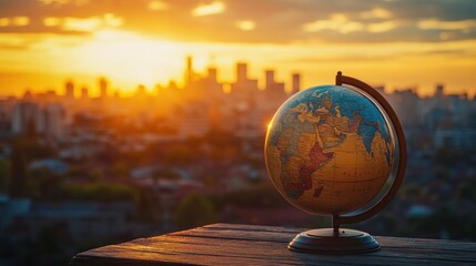 Poster - Globe on wooden surface at sunset with city skyline in background. (2)