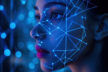 Aufkleber - Woman's face with glowing network lines, futuristic concept.