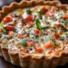 Poster - Delicious tomato and cheese quiche in a golden crust, garnished with fresh basil.