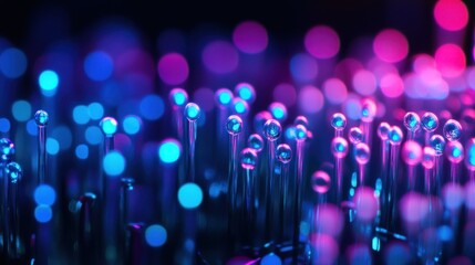 Aufkleber - Abstract glowing fiber optic cables, vibrant blue and pink lights, bokeh effect, dark background.
