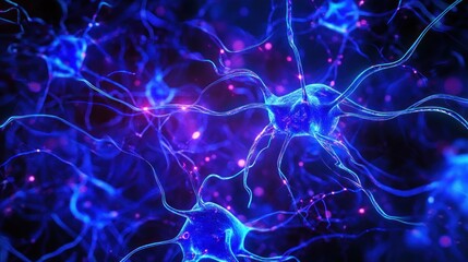Aufkleber - Microscopic view of glowing blue and pink neurons connecting and firing.