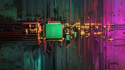 Poster - Abstract close-up of a circuit board with vibrant colors and intricate details, showcasing technological complexity.