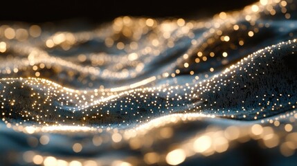 Leinwandbilder - Abstract dark blue wavy surface with glowing golden particles.