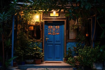 Poster - Night view of a blue door, surrounded by lush greenery, illuminated by a warm light.