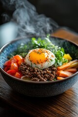 Poster - Steaming bowl of savory ground beef, soft egg, colorful vegetables, and herbs.