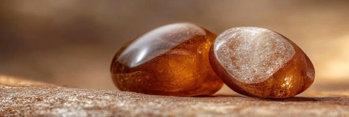 Aufkleber - Two polished amber stones rest on a wooden surface.