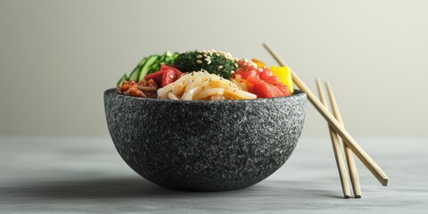 Poster - Colorful poke bowl with rice, tuna, vegetables, and sesame seeds in a stone bowl with chopsticks.