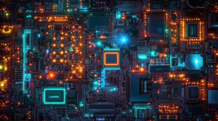 Poster - Close-up of a complex circuit board with glowing components.