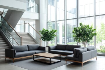 Poster - Modern office lobby with sofas, plants, stairs, and large windows.