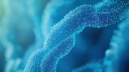 Poster - Abstract blue network structure, detailed 3D rendering of interconnected nodes and lines, resembling DNA or neural pathways.
