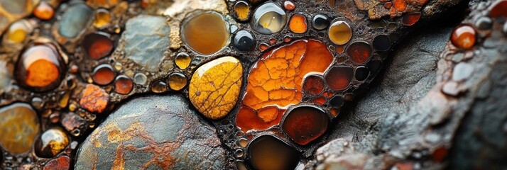 Poster - Close-up of colorful, polished stones with various sizes and shapes, showcasing intricate textures and patterns.