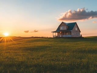 Fototapete - Serene sunset view of a single-family home on a grassy field.