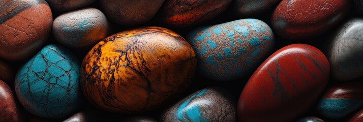 Poster - Close-up of colorful, smooth, polished stones with varied textures and patterns.
