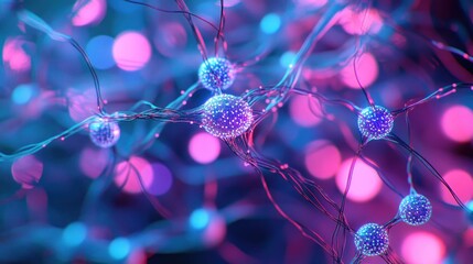 Poster - Microscopic view of interconnected neurons, glowing in vibrant pink and blue hues.