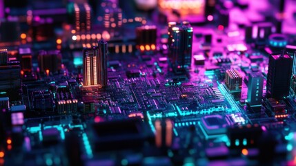 Aufkleber - Close-up of a vibrant, illuminated circuit board, resembling a futuristic city.