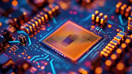 Aufkleber - Close-up of a central processing unit (CPU) on a circuit board, glowing with orange and blue light. (1)