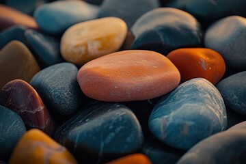 Poster - Close-up of smooth, colorful stones; various shades of orange, red, gray, and yellow pebbles.
