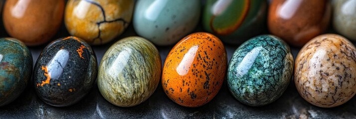 Poster - Collection of polished, multicolored eggshaped stones with various patterns and textures.