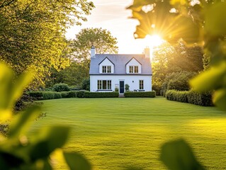Poster - Sunlit white cottage on a green lawn, viewed through foliage.