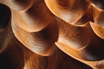 Aufkleber - Close-up of intricately carved wooden surface with undulating waves and rich grain patterns, showcasing texture and craftsmanship.