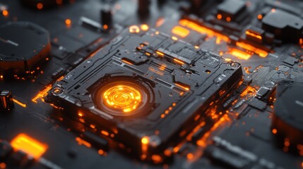 Aufkleber - Close-up of a glowing orange circuit board with intricate details and technology components.