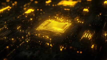 Aufkleber - Glowing golden CPU on circuit board, close-up.