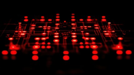Fototapete - Close-up of illuminated red circuit board in darkness.