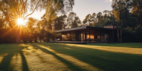 Poster - Modern house on a grassy lawn at sunset.