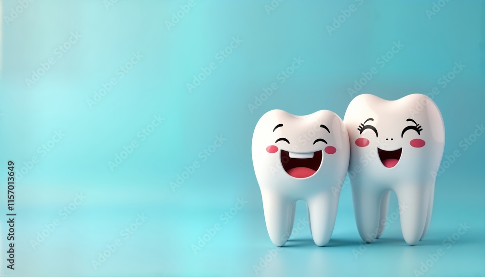 Two cute white cartoon teeth smile cheerfully on light-blue background ...
