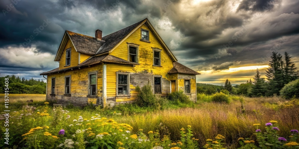 Overgrown, abandoned yellow house looms under a gray sky; eerie ...