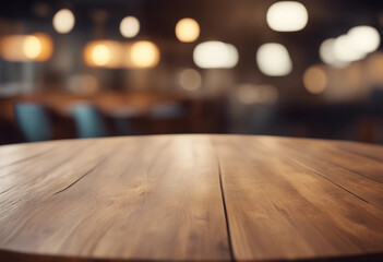 Empty wood table top of round on blur restaurant background product display montage