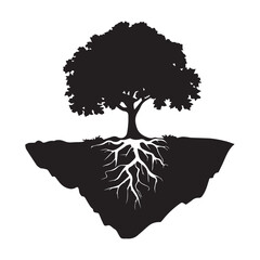 silhouette of a tree with roots on white background