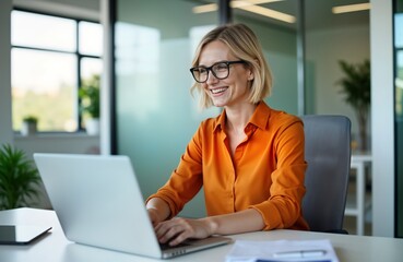young woman with short blonde hair sits at modern office desk working on laptop. wears glasses, oran