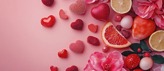 Wall Mural - Valentine's Day flat lay backdrop with hearts flowers and seasonal fruits on a pink background for romantic celebrations