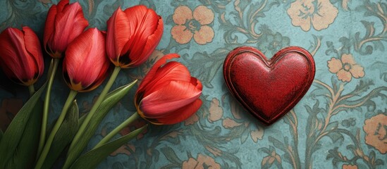 Wall Mural - Valentine's Day greeting card with red tulips and heart on vintage patterned backdrop showcasing romance and beauty