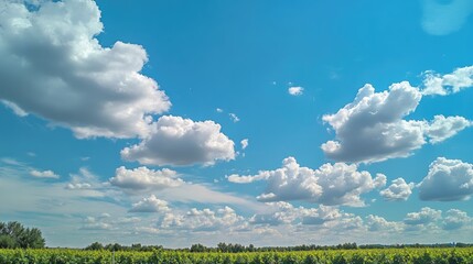 Vibrant vineyard landscape under a bright blue sky with fluffy clouds ideal for showcasing summer travel and wine production destinations