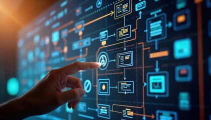 hand interacts with interactive database screen. flowchart illustrates user journey. visual represen